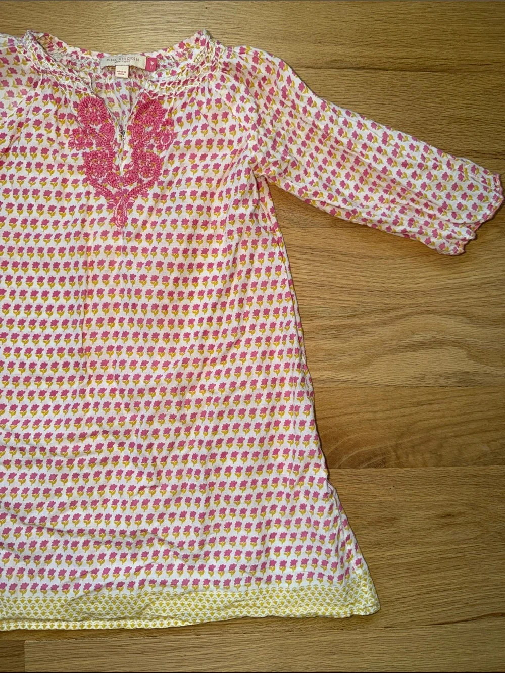 Pink Chicken Pink/Yellow Floral Block Print Cotton Embroidered Tunic Dress Sz 5y